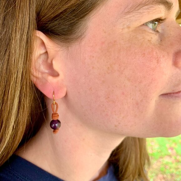 Amethyst Gemstones on Hand Knotted Soft Brown Leather Cord Earrings - Picture 1 of 6